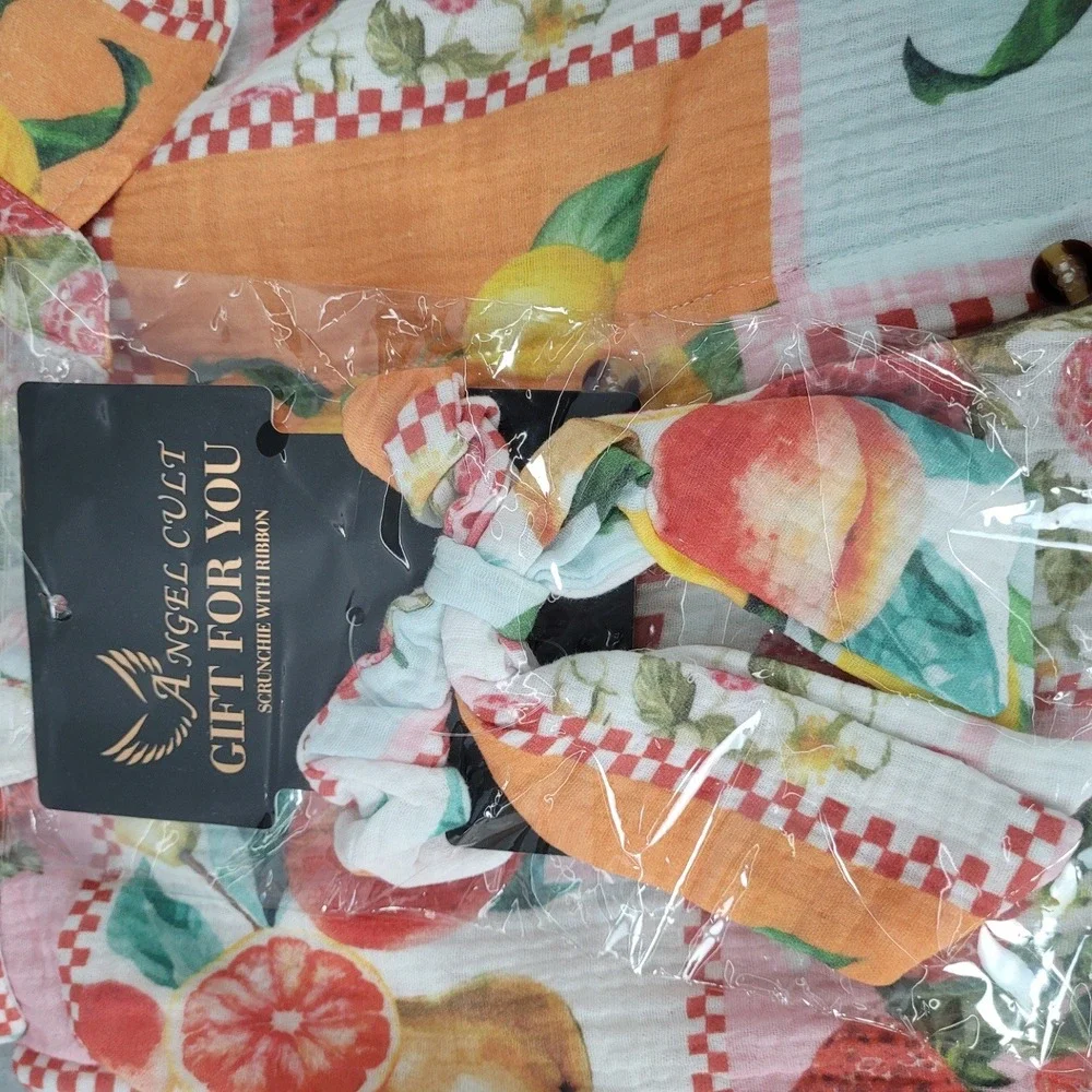 Angel Cut 2 Piece Shorts Set Womens M Multicolor Fruit Print Gauze Tropical  NWT